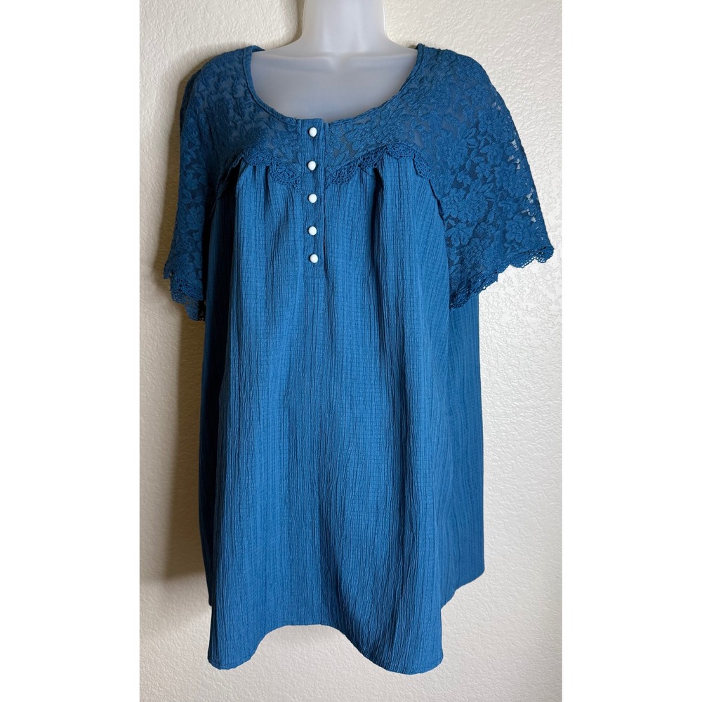 Womens XXL Blouse Teal Blue Lace Crinkle Short Sleeve Button Front Pleated Boho